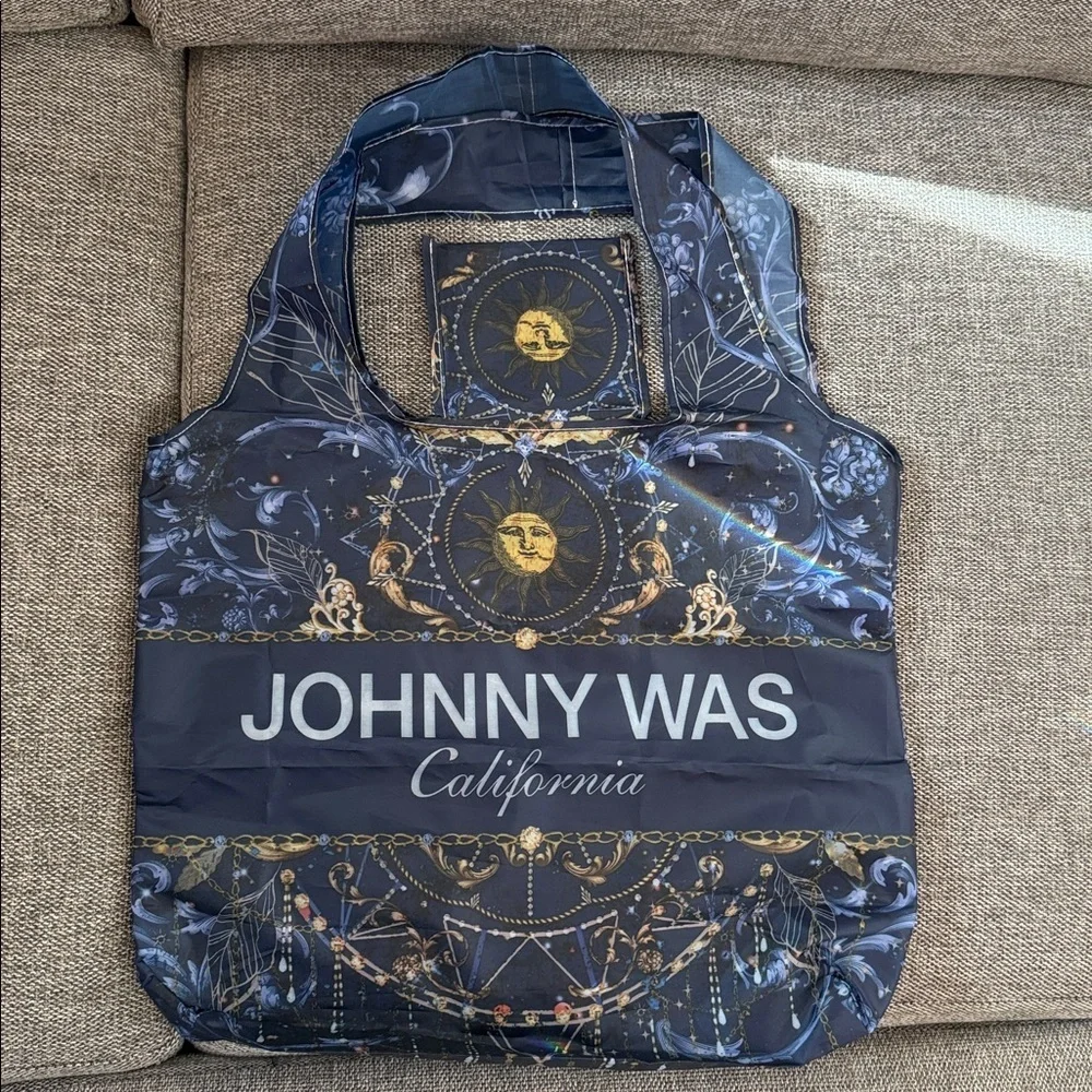 Johnny Was California Reusable Shopping Bag Tote Blue Gold Moon Packable New - Picture 3 of 12